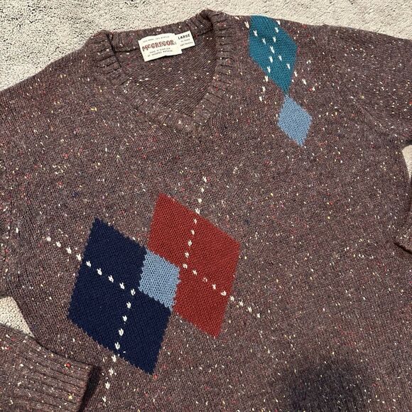 Vintage McGregor Sweater 80’s Purple Red Marled L V-Neck Wool Diamond Grandpa - Picture 2 of 6